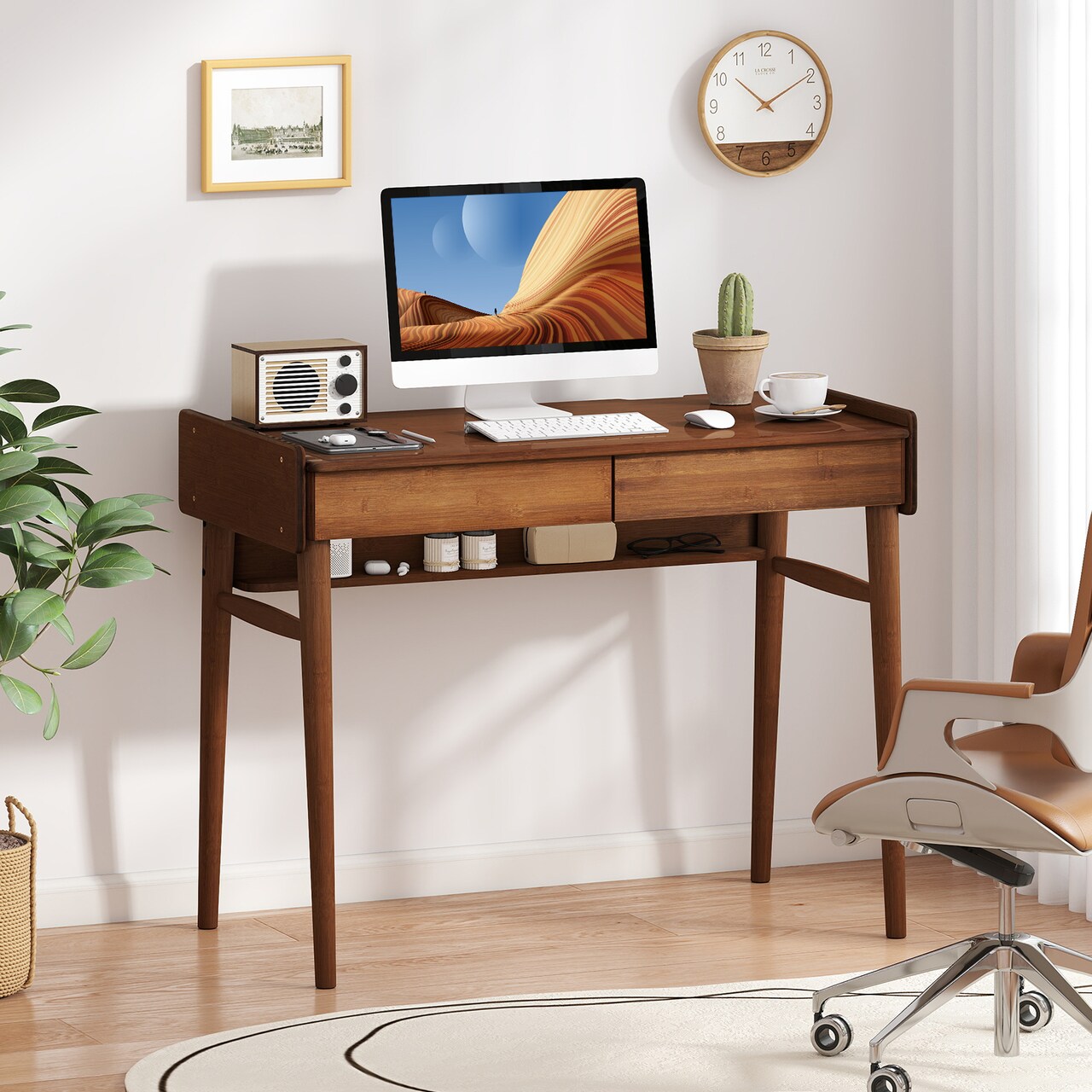31" Modern Walnut Wicker Computer Desk with 2 Drawers and Shelf, Cable Management